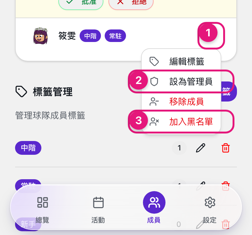 成員列的 ⋯ 選單，①點開選單、②設為管理員、③加入黑名單